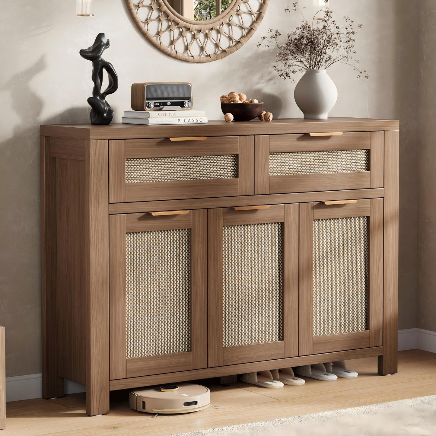 Garvee Rattan Buffet Cabinet, Boho Sideboard with 2 Drawers, Adjustable Shelf, High-Leg Storage Cabinet with Anti-Tip Hardware,for Kitchen,Dining Room,Entryway,Living Room, Light/Dark Oak