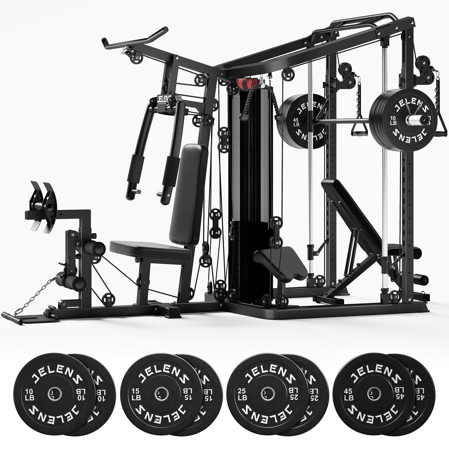JELENS Home Gym System, 150LB Weight Stack Smith Machine with LAT Pull-Down & Leg Press, All-in-One Strength Training Equipment, Workout Station for Workout (Black, 190LBS Black Weights Package)