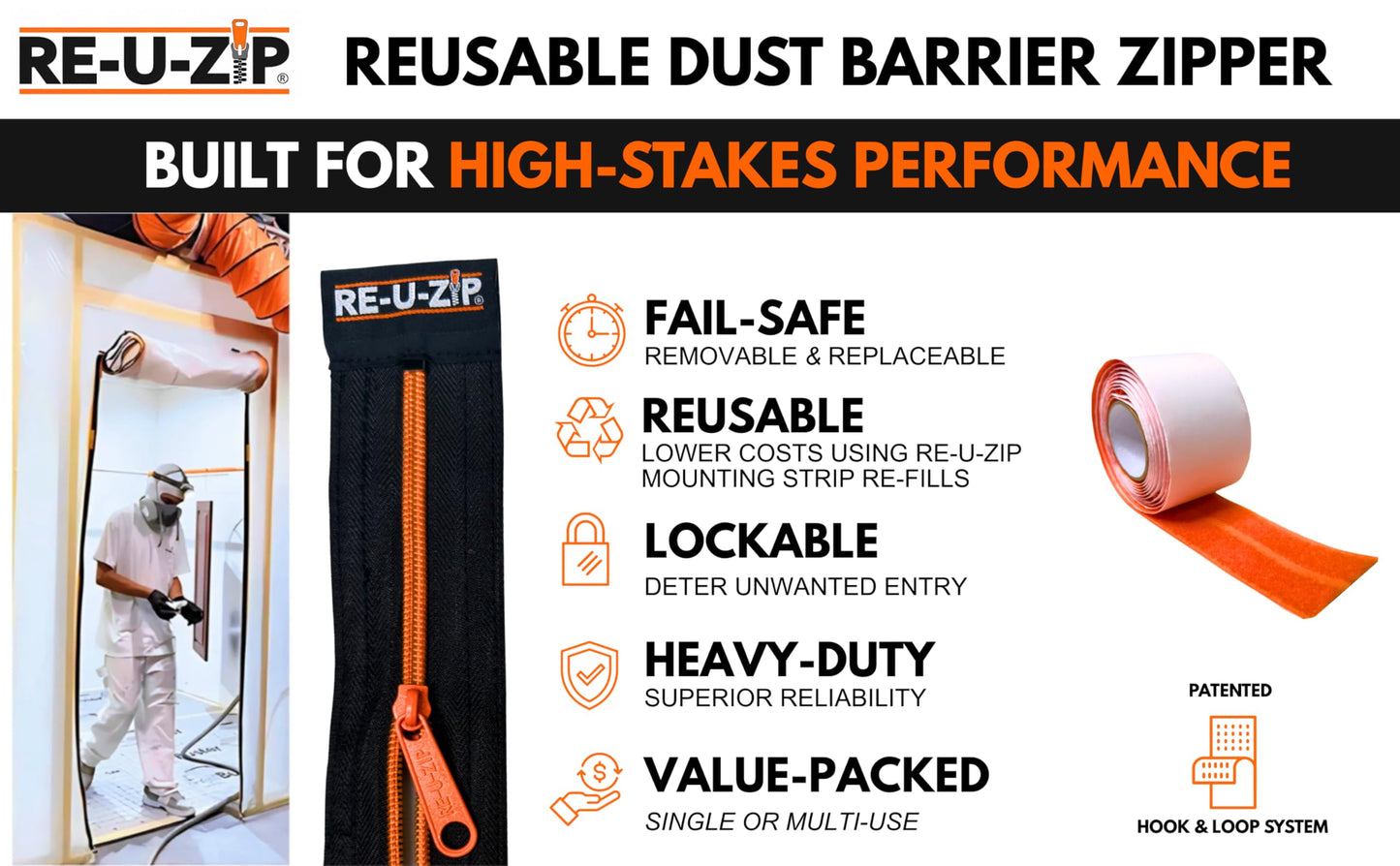 RE-U-ZIP Reusable Dust Barrier Zipper, Fail-Safe, Replaceable & Lockable, Cost-Effective for Single or Repeated Use, PRO Bundle
