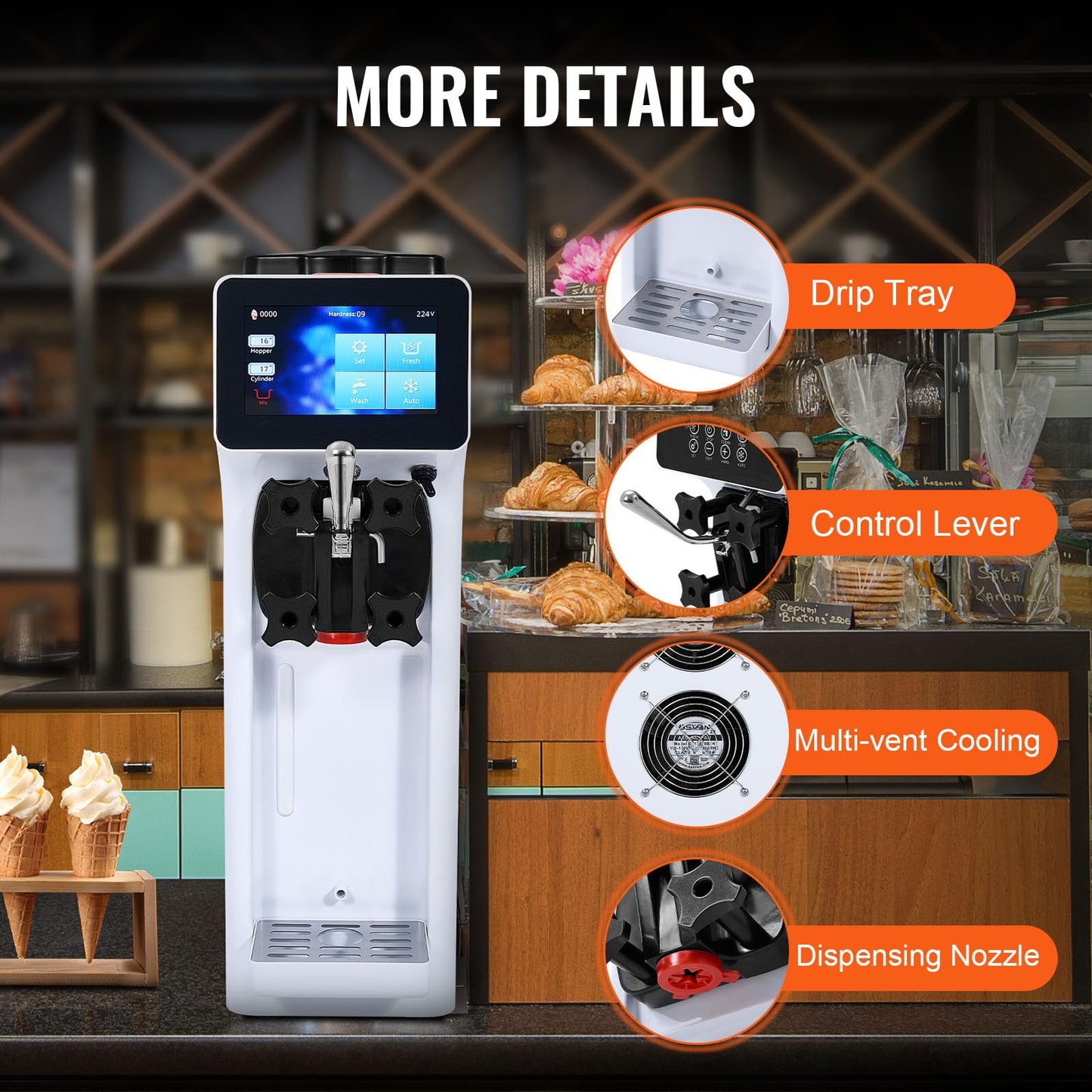 VEVOR Commercial Ice Cream Machine, 1000W Single Flavor Soft Serve Ice Cream Maker, 10.6 QT/H Yield, 4L Hopper & 1.6L Cylinder, Touch Screen, Auto Clean & Pre-Cooling, Countertop Restaurant Snack Bar