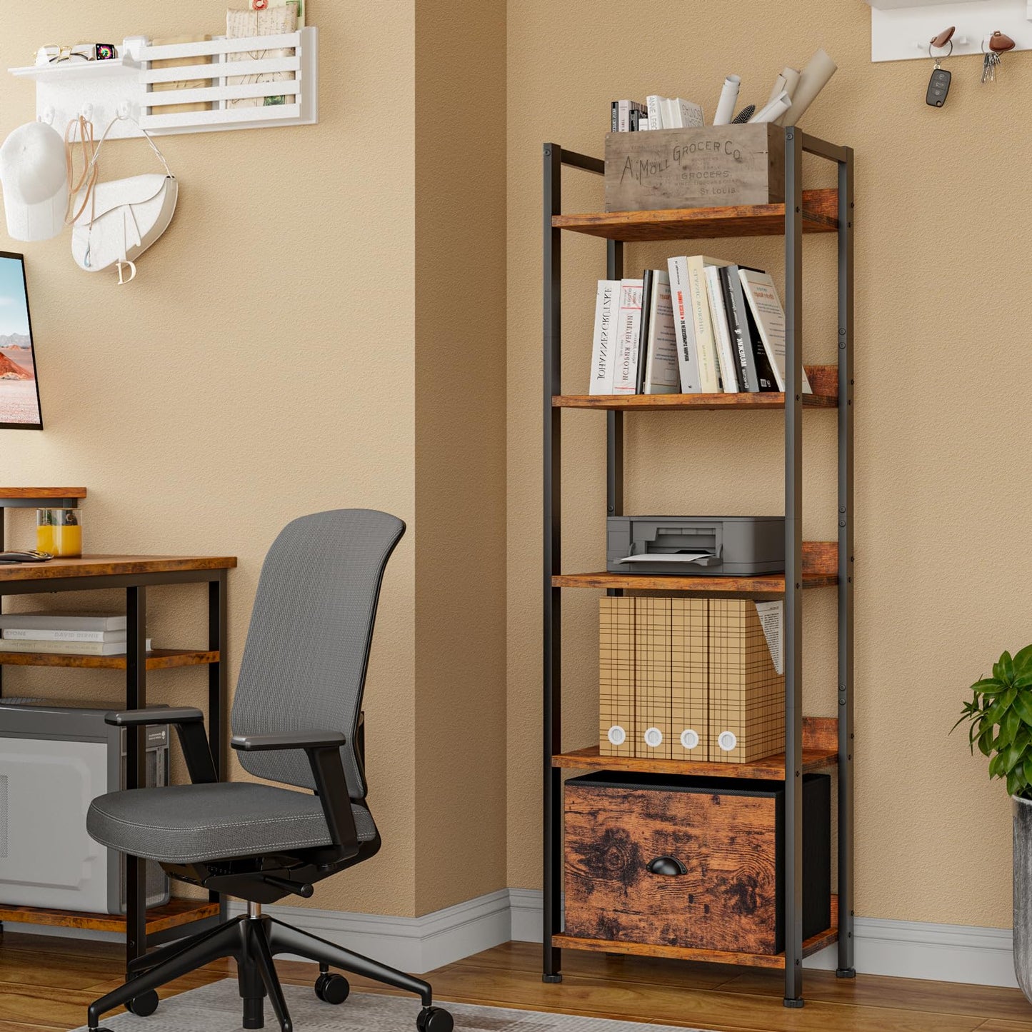 Furologee 5 Tier Bookshelf with Drawer & Console Table with Charging Station, 3 Drawers and LED Light