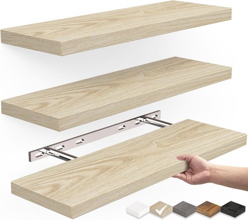 BAYKA Rustic Wood Floating Shelves - Wall Mounted Set of 3, 16 Inch, 22 lbs Capacity for Stylish Home Storage