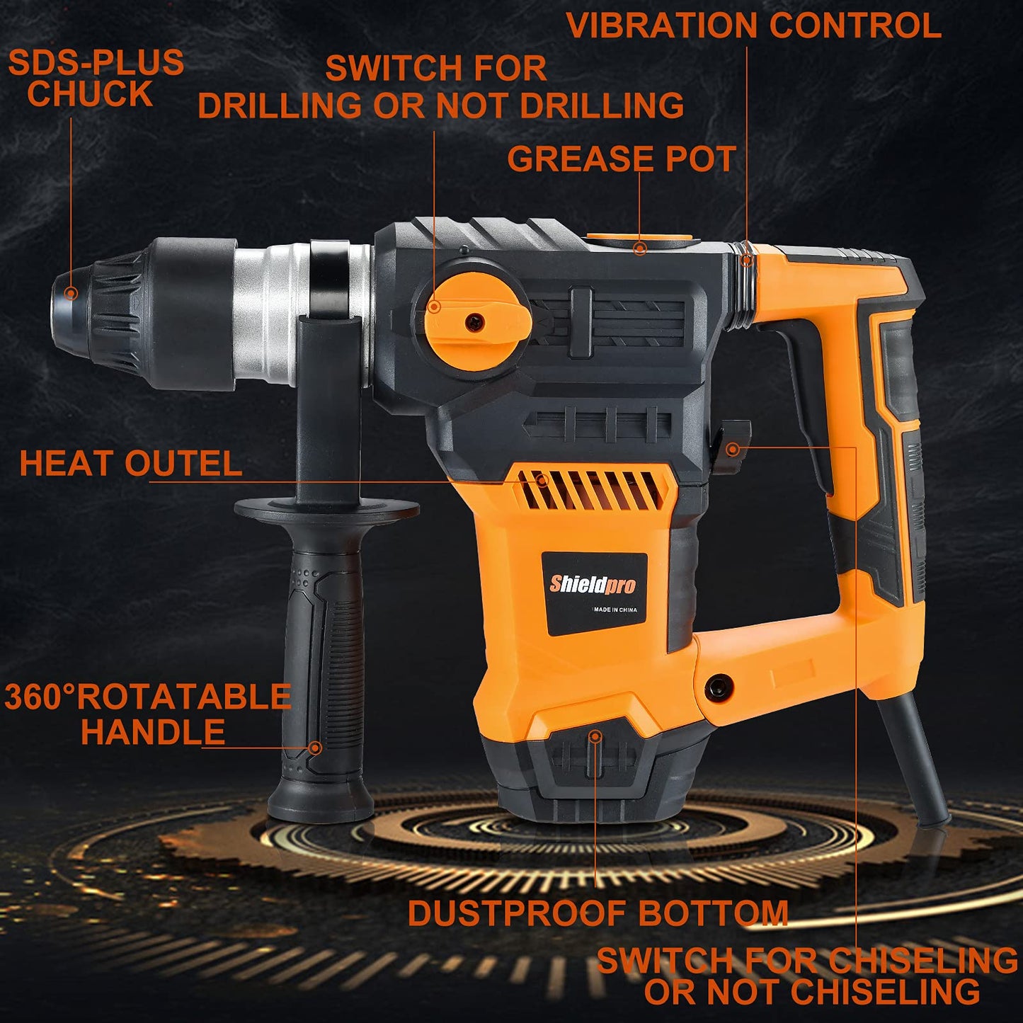 SHIELDPRO 1-1/4 Inch SDS-Plus 13 Amp Rotary Hammer Drill, Cordless Electric Ratchet