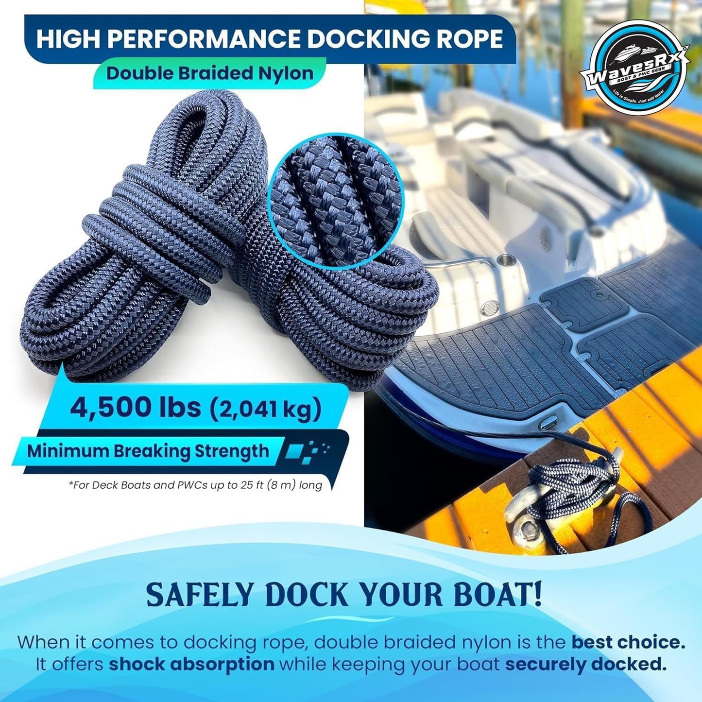 Premium Nylon Boat Dock Lines & Ropes for Docking 3/8'' x 15' | Double Braided Marine Rope & Mooring Line| Boat Ropes for Docking with Loop | UV & Saltwater Resistant Dock Ropes for Boats & Pontoons