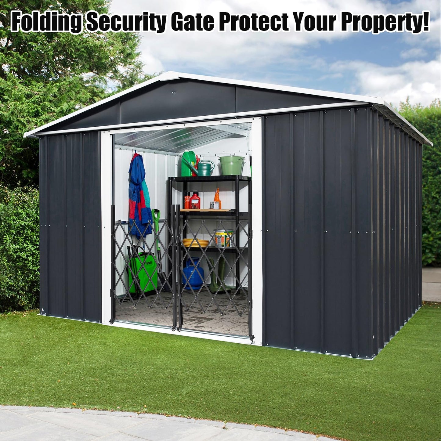 61" H x 71" W Metal Folding Security Door, Outdoor Folding Door Gate, Steel Accordion Security Gate, Flexible Expanding Barricade Gate, 360° Rolling Expandable Gates for Garage/Courtyard/Gardens