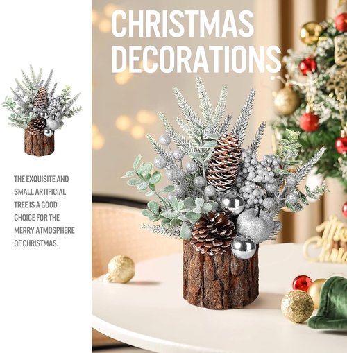 Hatisan Small Christmas Tree - Artificial Pine Cone & Berry Decor | Tabletop Holiday Decoration (Silver Round)