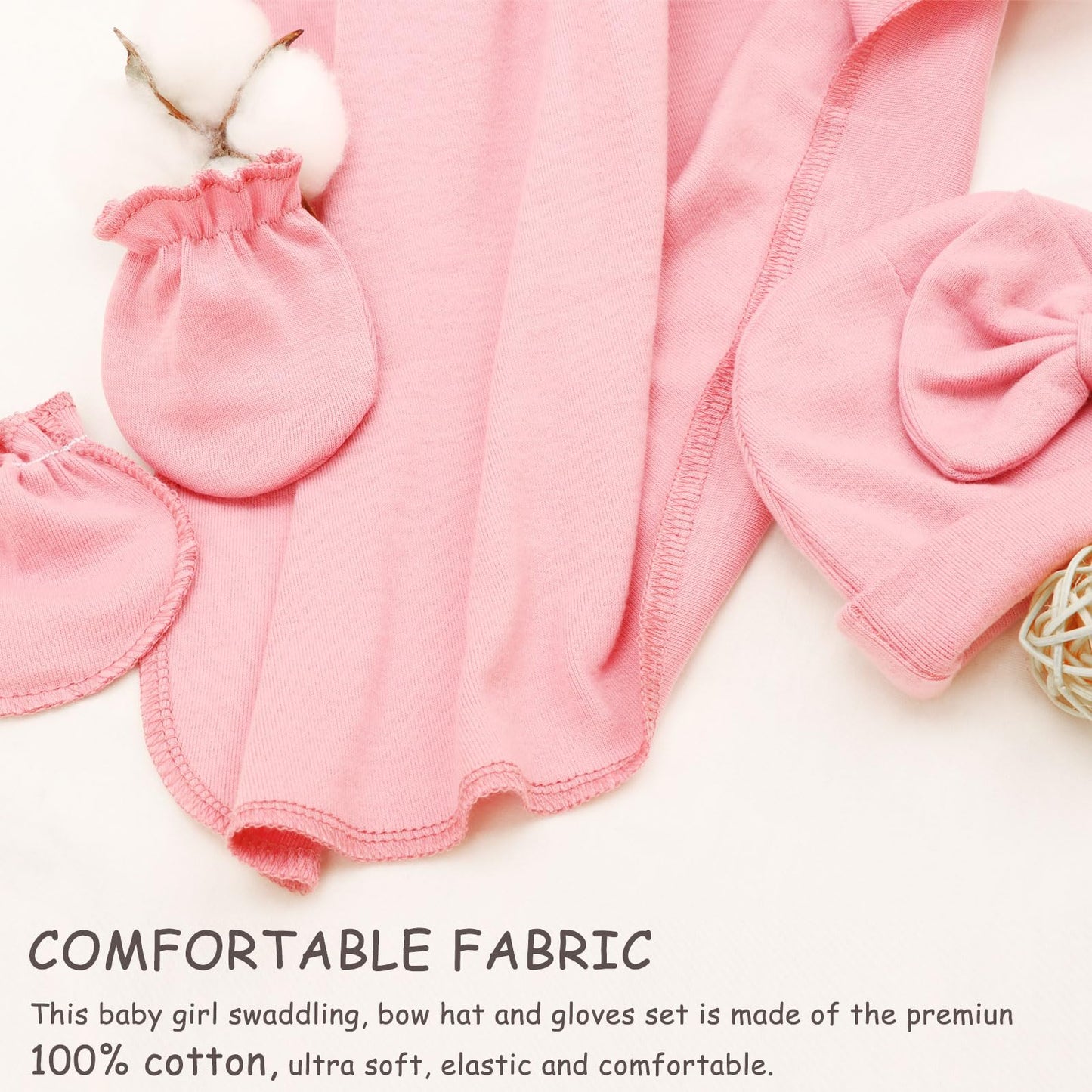 AQOKKA Newborn Receiving Blanket with Bow Hat Mittens Set Nursery Swaddle Wrap Toddler Swaddles for Newborn Baby Boy Girl