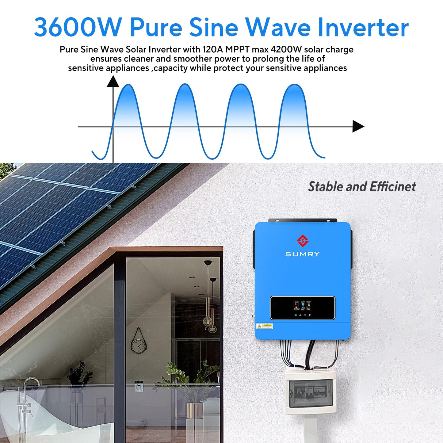 SUMRY Solar Inverter Charger, 3600W DC 24V to AC 110V Hybrid Voltage Converter with 120A MPPT Charge Controller, Pure Sine Wave Power for Battery-Less or AGM Lithium Battery Home Energy System