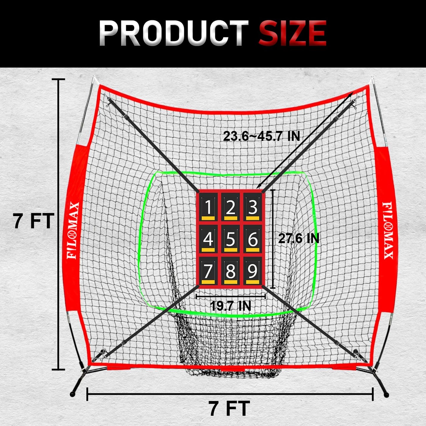 FILOMAX 7x7 ft Baseball & Softball Practice Net with 9 Numbered Strike Zone | PRO Training Net for Hitting, Pitching & Batting | with Carry Bag, Bow Frame for All Ages & Skills