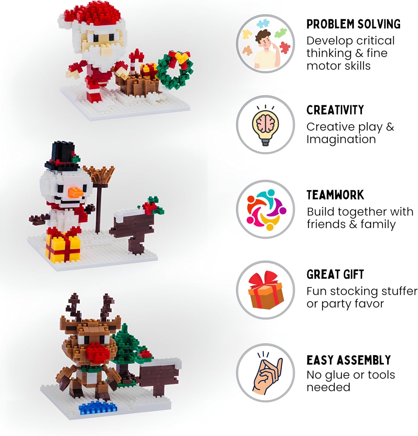 Toysmith Christmas Mini Blocks 3-Pack - Holiday-Themed STEM Building Set for Kids - Build Santa, Snowman & Reindeer
