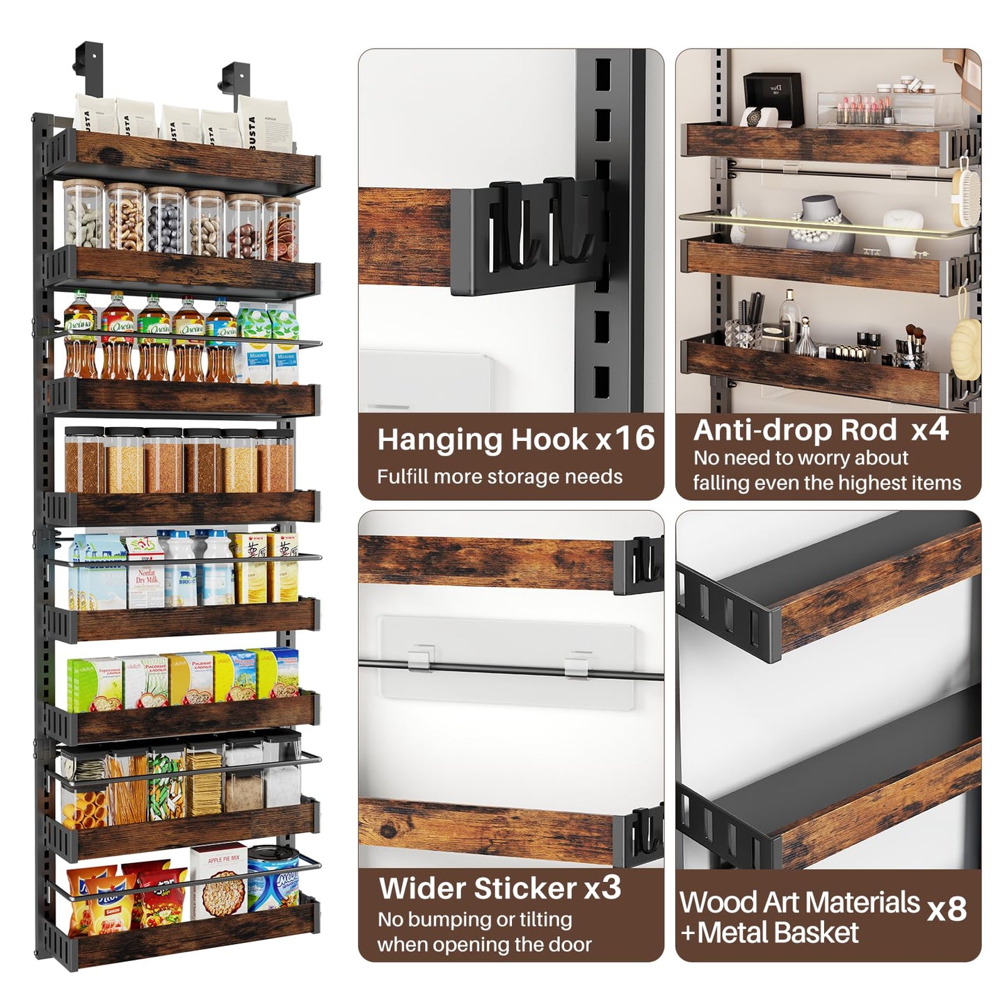 8 Tier Over The Door Pantry Organizer, 2 IN 1 Wall Mount or Metal Hanging Spice Rack for Pantry Organizers and Storage, Seasoning Shelves，Adjustable Basket with Hooks for Kitchen Cabinet and Closet