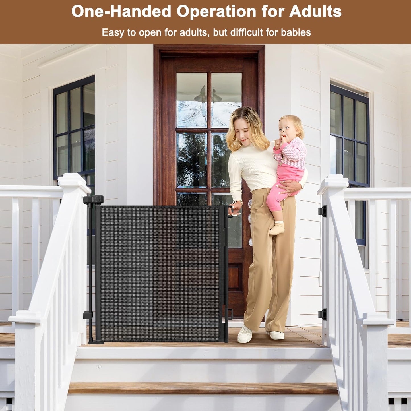 Weatherproof Outdoor Retractable Gate for Dogs with No Rust Stainless Steel Screws and Rods, 55" Wide Waterproof Retractable Baby Gates, Scratch-Resistant Mesh Safety Outdoor Pet Gate for Deck, Black