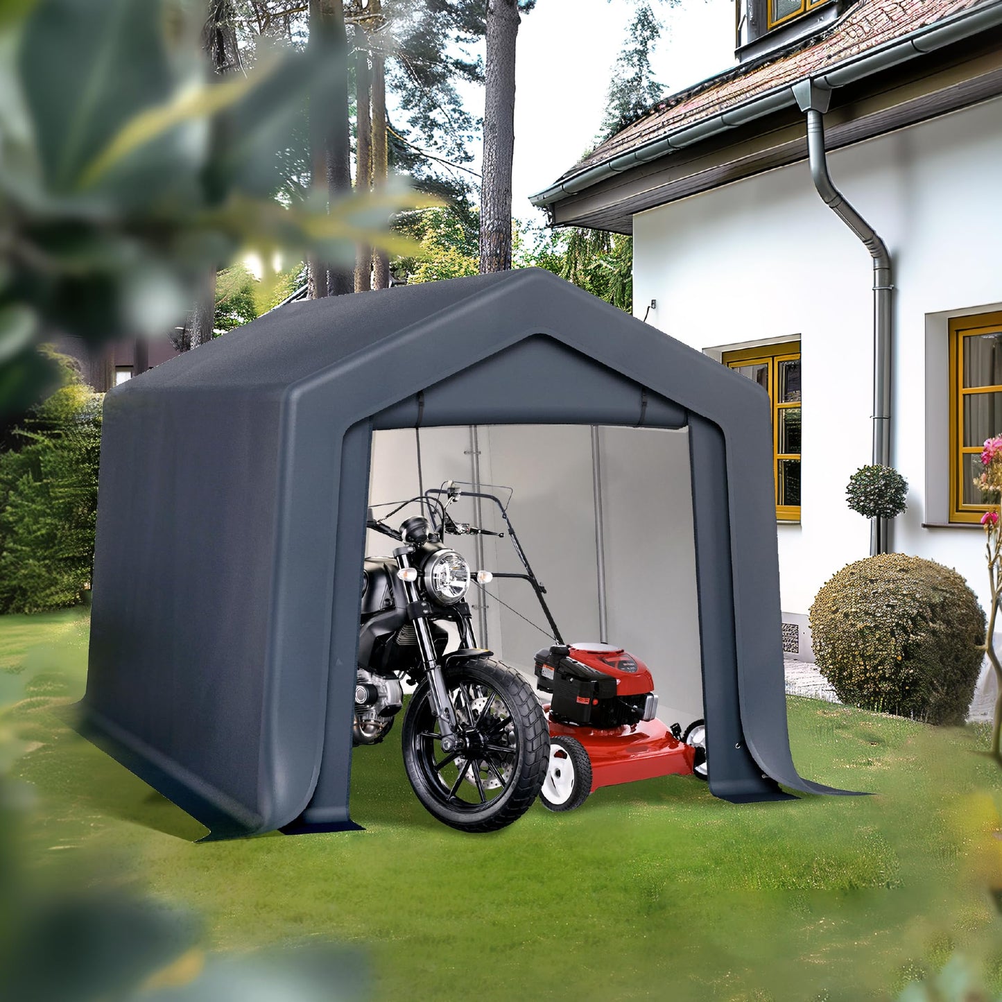 PHI VILLA 8x12ft Storage Shelter Shed, Portable Carports Outdoor Garage Canopy with Roll up Zipper Doors & Vents Waterproof UV Resistant Garages Tent for Cars,Boats,Tools, Motorcycle, Gray