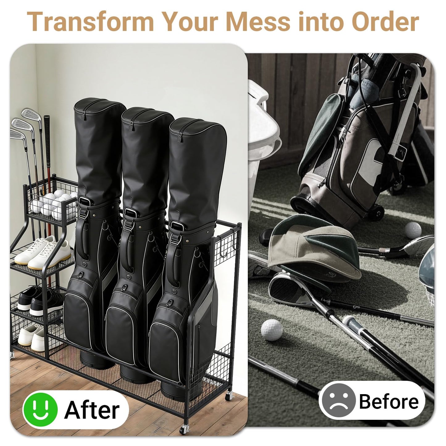 Zevemomo Metal Golf Bag Storage Organizer with Wheels for Garage, Golf Bag Storage Rack, Golf Bag Holder for Garage, Large Golf Equipment Storage Organizer for Golf Clubs, Hats, Gloves, Balls, Black