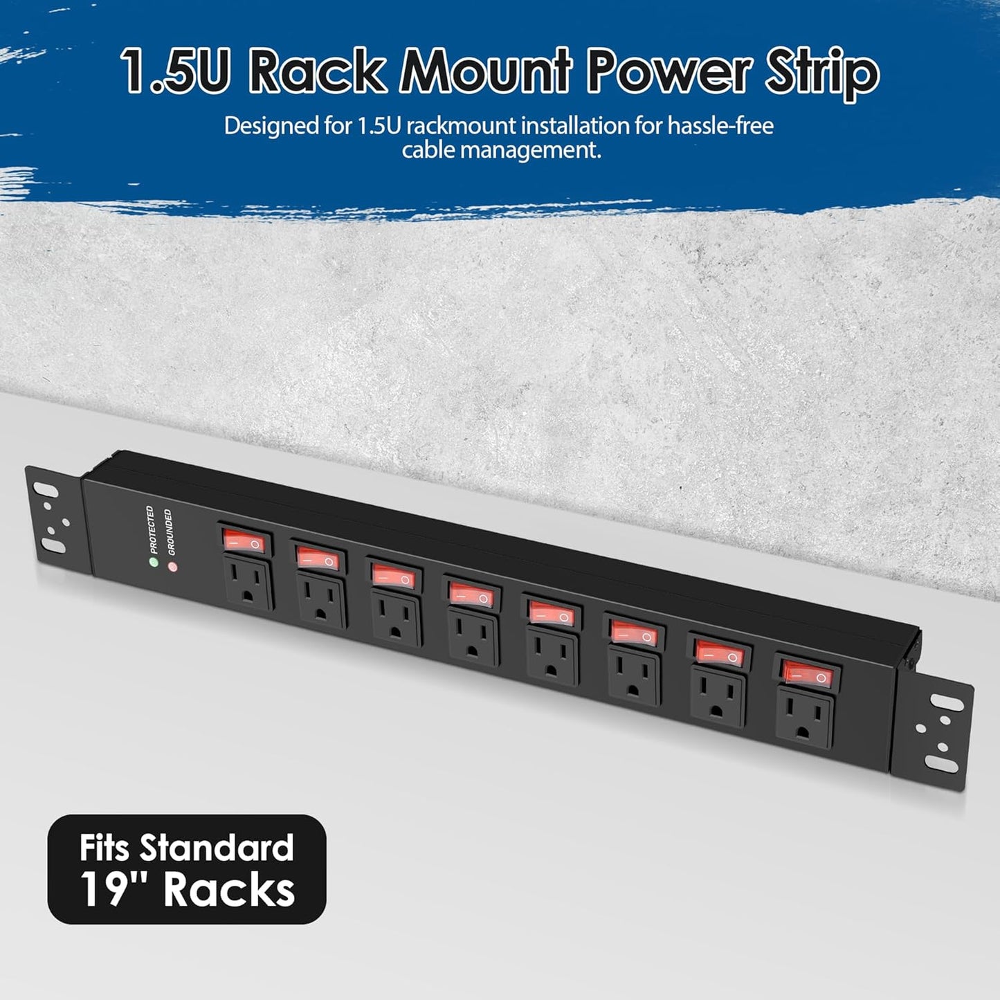 Jgstkcity Strips,8 Switches,1.5U Racks,14AWG Cord,2700J,15A 125V 1875W 10 Rack Mount PDU Power Outlet Surge