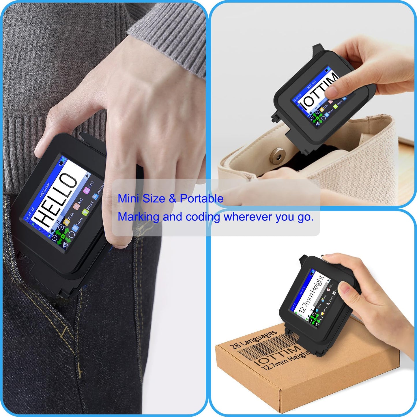 iottim Upgraded Mini Inkjet Printer for All Materials, Fast-Drying SolventInk Cartridge & 28 Languages, Inkjet Coding Machine for Code Date Label Industry Design House Usage