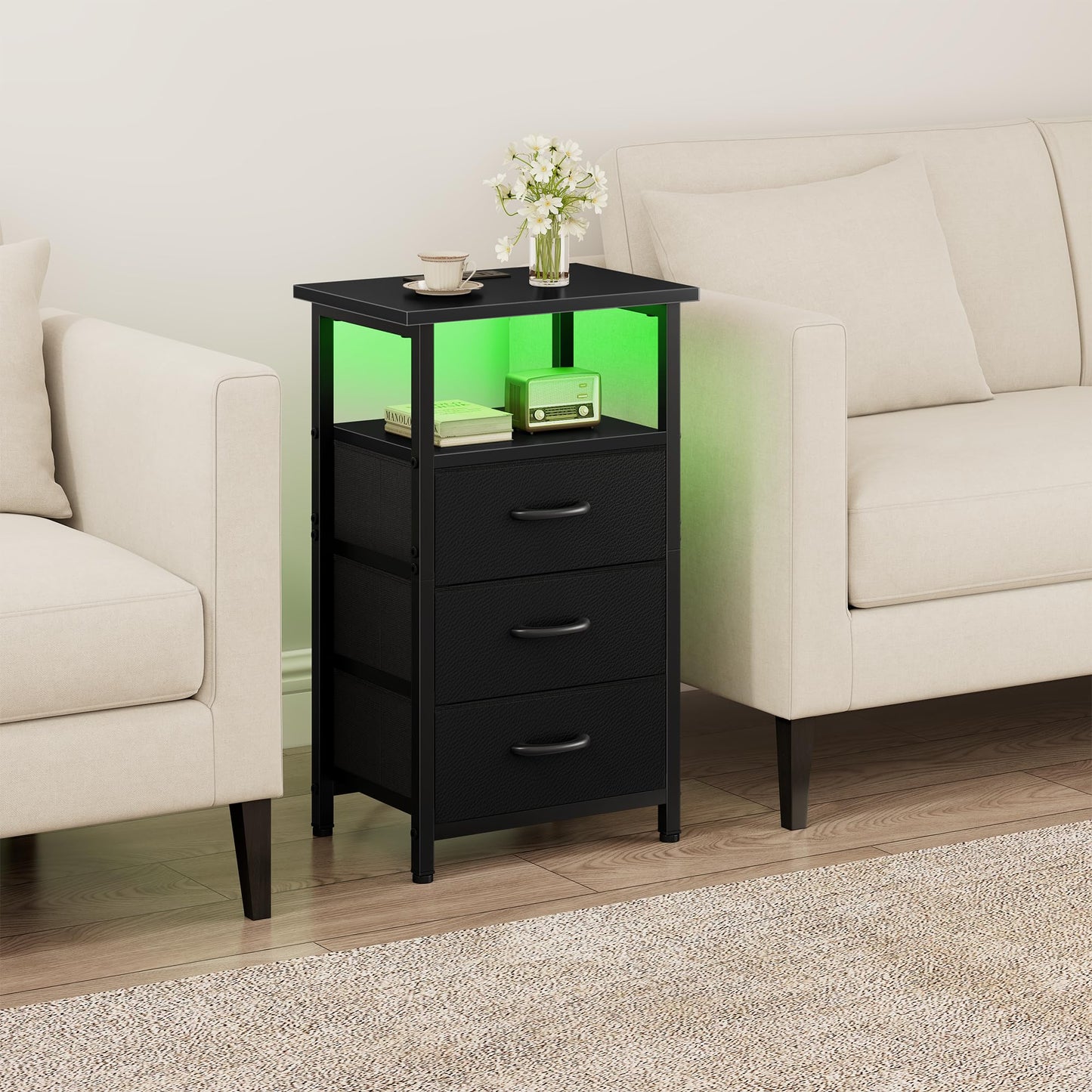 Vagusicc Night Stand Set 2 with Charging Station, LED Nightstand for Bedroom, Bedside Table with 3 Fabric Drawers, End Table Side Table with USB Ports & Outlets, Bed Side Table for Bedroom, Black