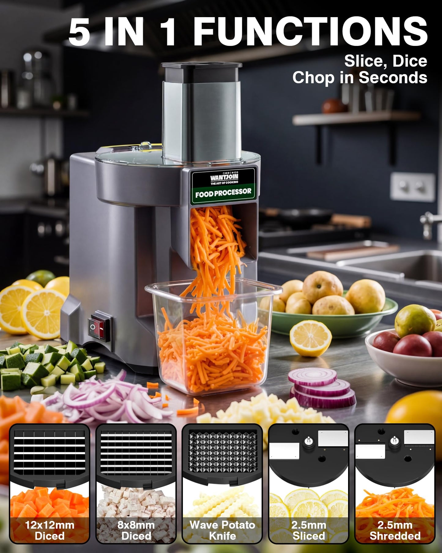 WantJoin 5 in 1 Electric Vegetable Chopper - Multifunctional Commercial Vegetable Dicer Food Fruit Processor Stainless Steel Blades for Slicing(2.5mm), Dicing(8/12mm), Chopping(2.5mm),Shredding
