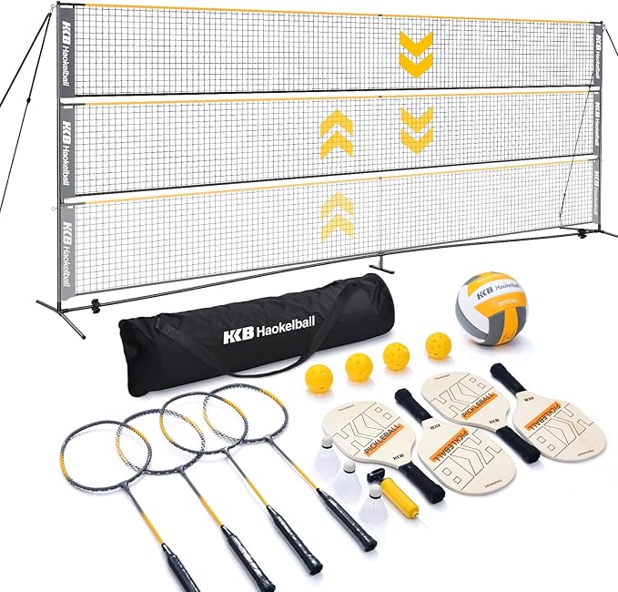 Haokelball Badminton Volleyball Pickleball Net Set, 22FT Portable All-in-One Nets System for Outdoor Beach Indoor with Adjustable Height, Includes Balls Rackets Pump Carry Bag