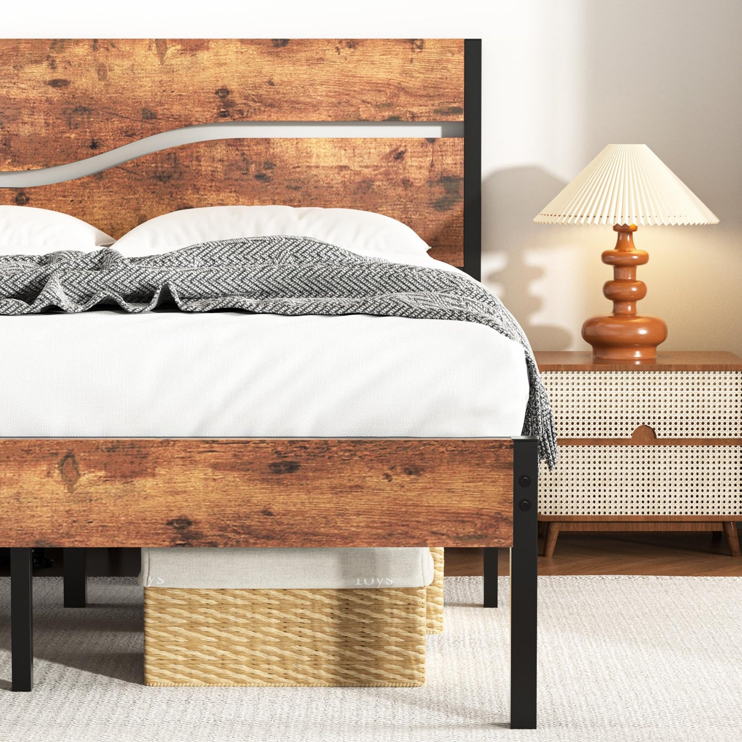 VECELO Queen Size Bed Frame with Wood Headboard, Heavy-Duty Metal Slats Support, Easy Assembly, No Box Spring Needed, Brown