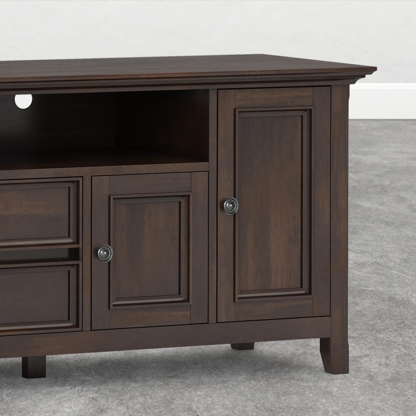 SIMPLIHOME Amherst TV Stand - 72 inch Wide Solid Wood Media Console in Mocha Brown, Transitional Entertainment Center for Living Room for TVs up to 80 Inches with Shelves and Cable Management