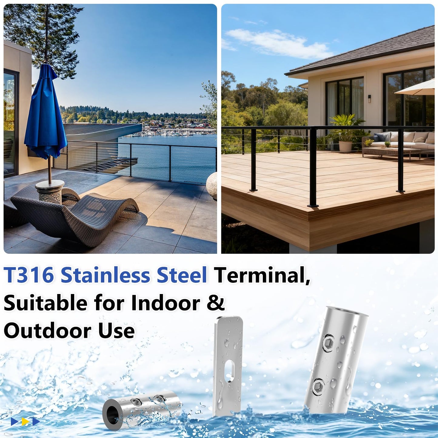 Zylorix 20 Pack Swageless Invisible Cable Railing Hardware, No-Crimp Reusable T316 Stainless Steel Fixed End Terminal for 1/8" & 1/10" Black Cable, 2"x2" Metal Level/Corner/Stair Post Deck Railing