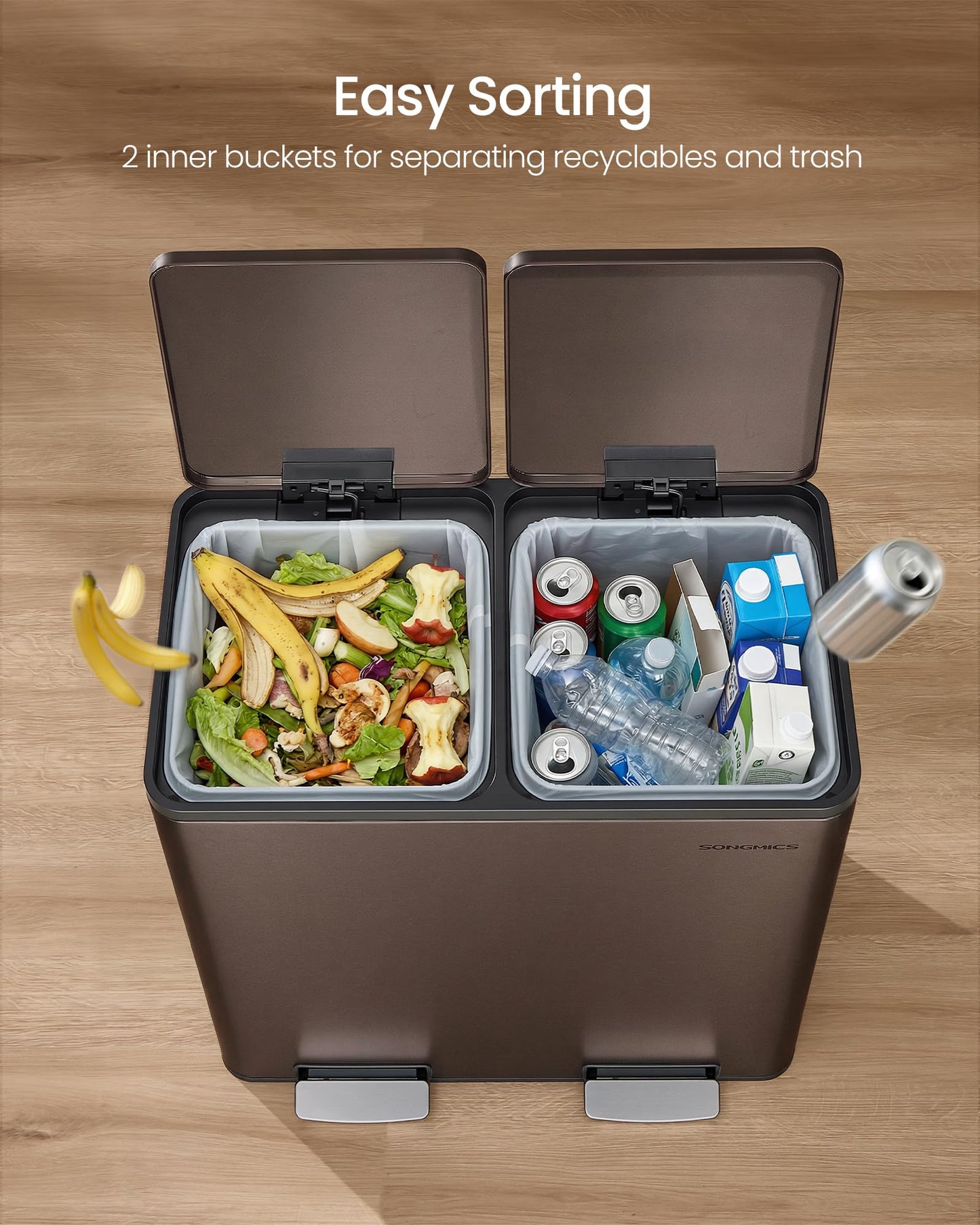 SONGMICS Trash Can, 2 x 8 Gallon (2 x 30 L) Double Compartment Garbage Can for Recycling, Stainless Steel, with 15 Liner Bags, Soft-Close Lids, Removable Buckets, Pedals, Brown ULTB160MZ01