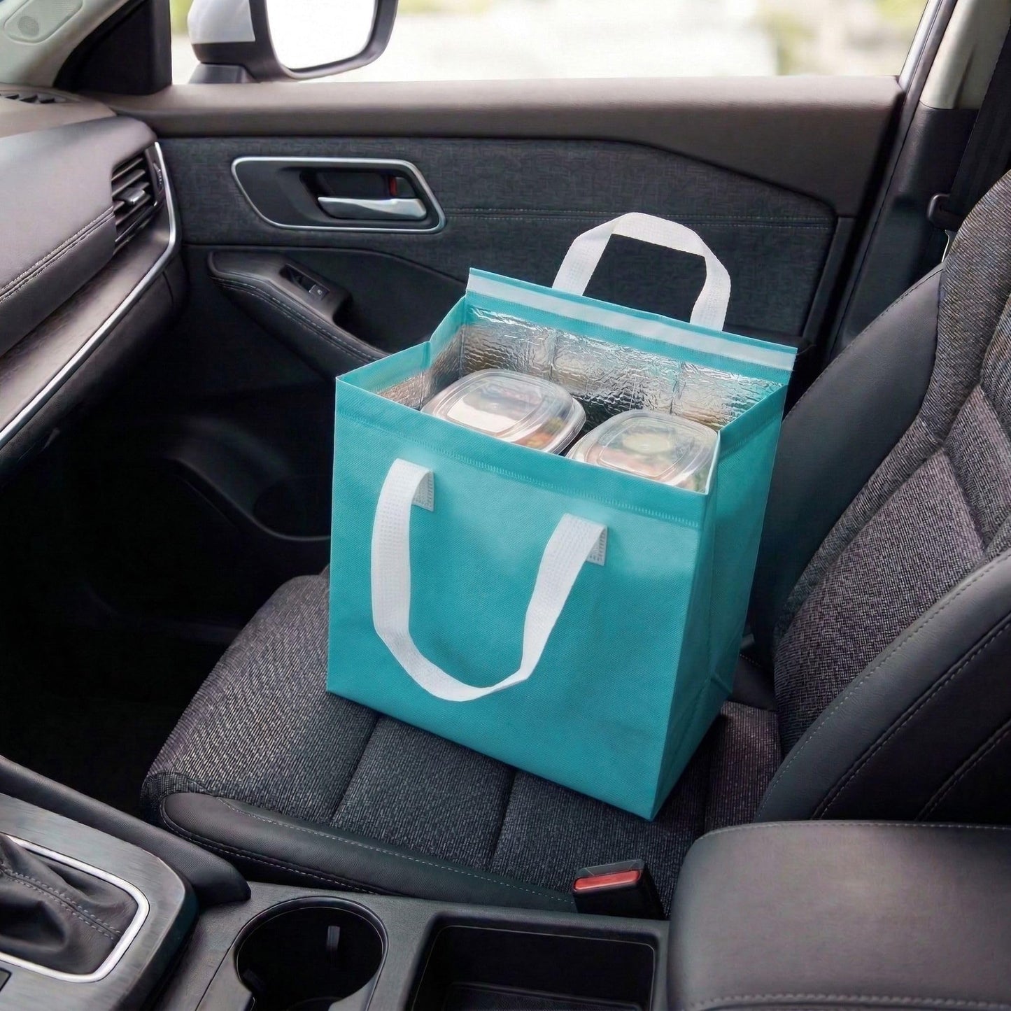 Restaurantware Insulated Delivery Bags 100 Count 9.449 x 5.906 x 10.236 Inches Nonwoven Take Out Bags For Food With Sturdy Handles, Teal Insulated Grocery Bags Tamper-Evident Foldable