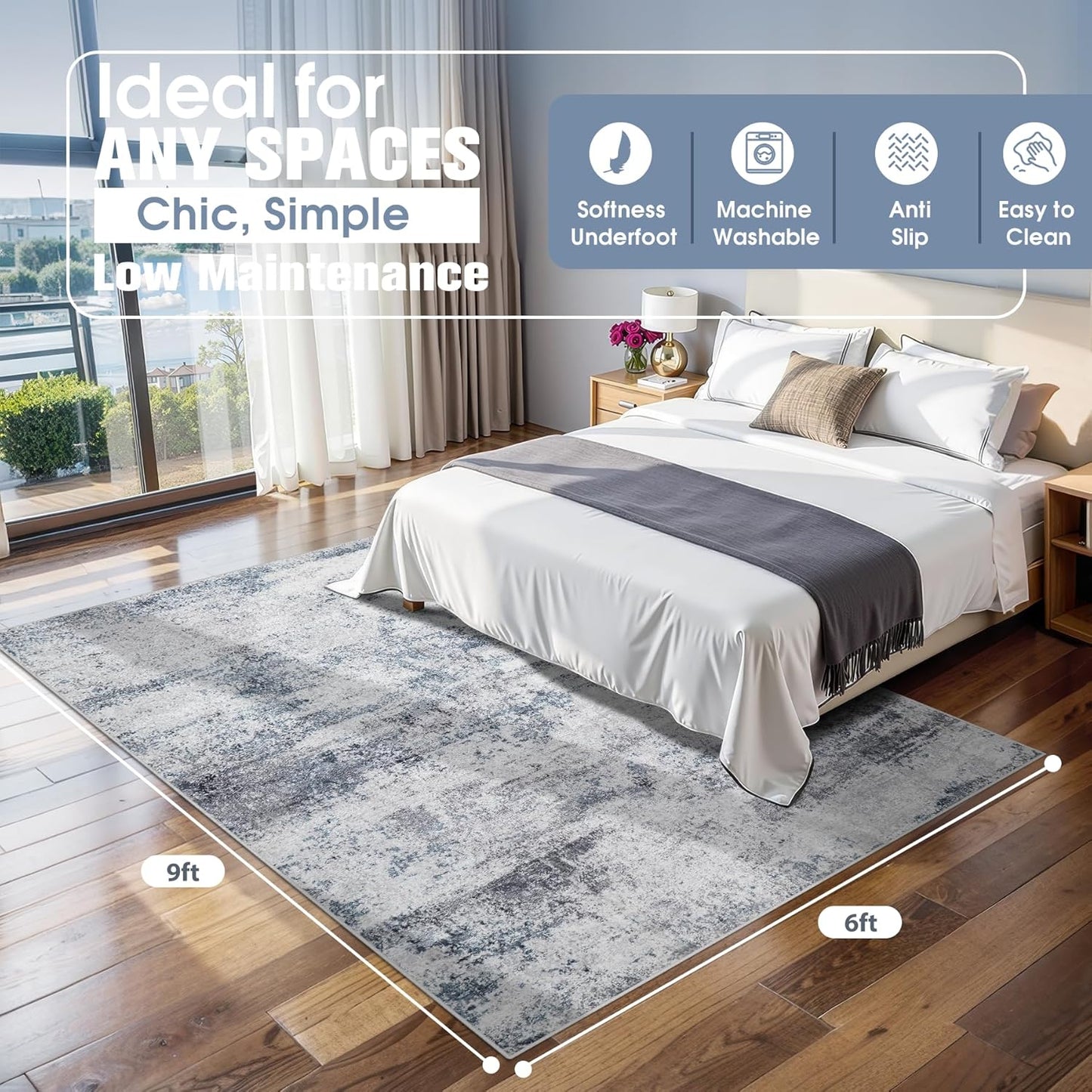Skiennix 6x9 Area Rug - Washable Abstract Design for Living Room, Dining Room & Bedroom - Non-Slip Blue Grey
