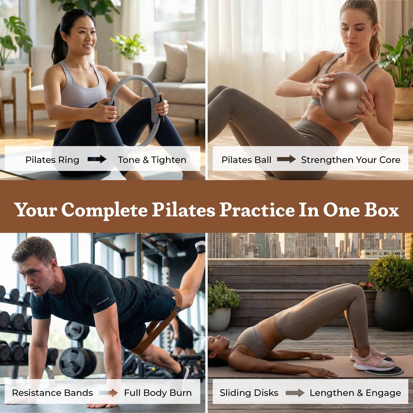 Prospervere Premium Pro Pilates Kit – 15 inch Pilates Ring and Ball Set w/ 1lb Ankle Weights, Fabric Resistance Bands, Sliders, Yoga Socks & Gym Bag – Mocha Drive (Brown/Gray)