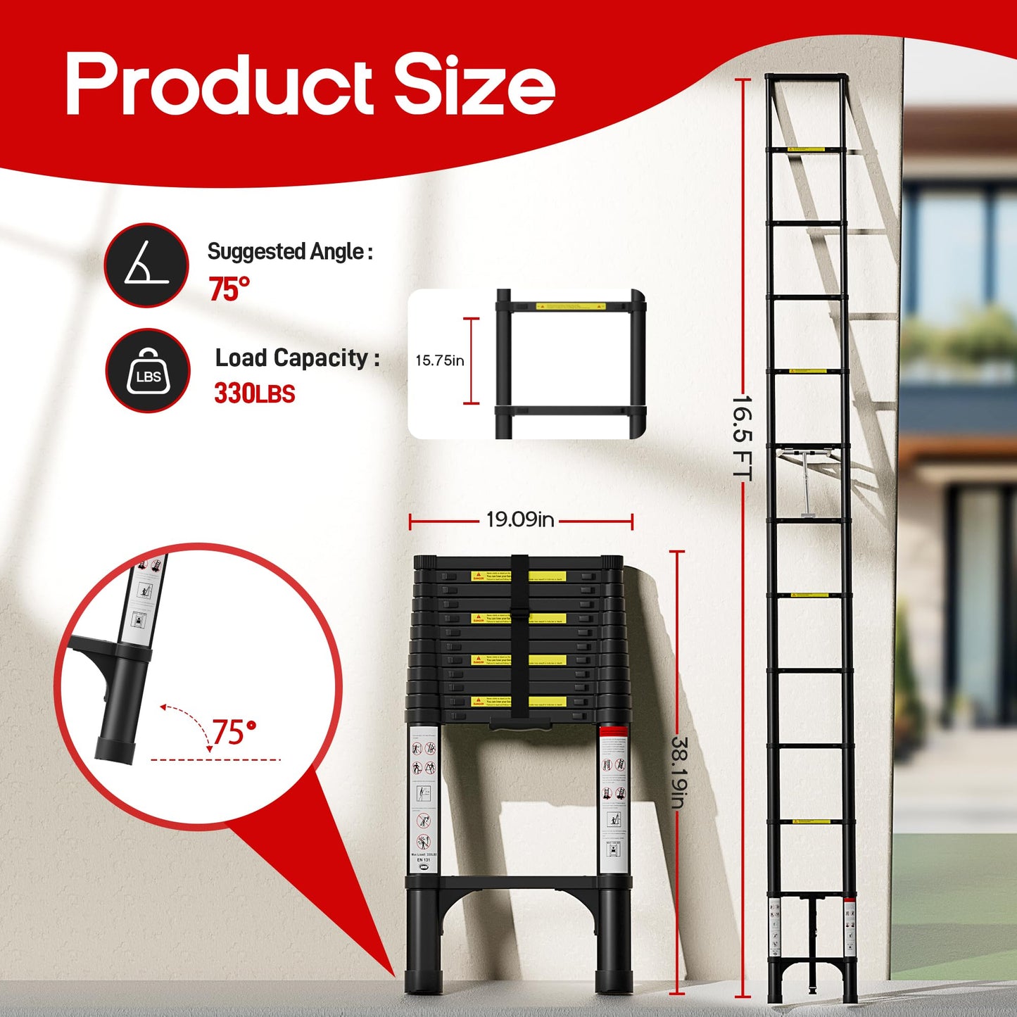 SEEKNEW Telescoping Ladder, 16.5 FT Aluminum Extension Ladder, 330 lbs Capacity with Triangular Stabilizers, Portable Collapsible Ladder for Roof, Home and RV; Black