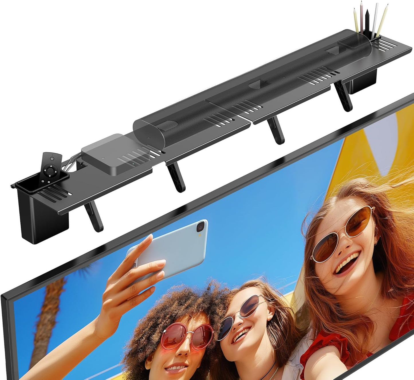 CUISIBOT 15 lbs, (33.8") Soundbar Mount, No Drilling Steel TV Top Shelf with Storage Boxes, Sound bar Mount up