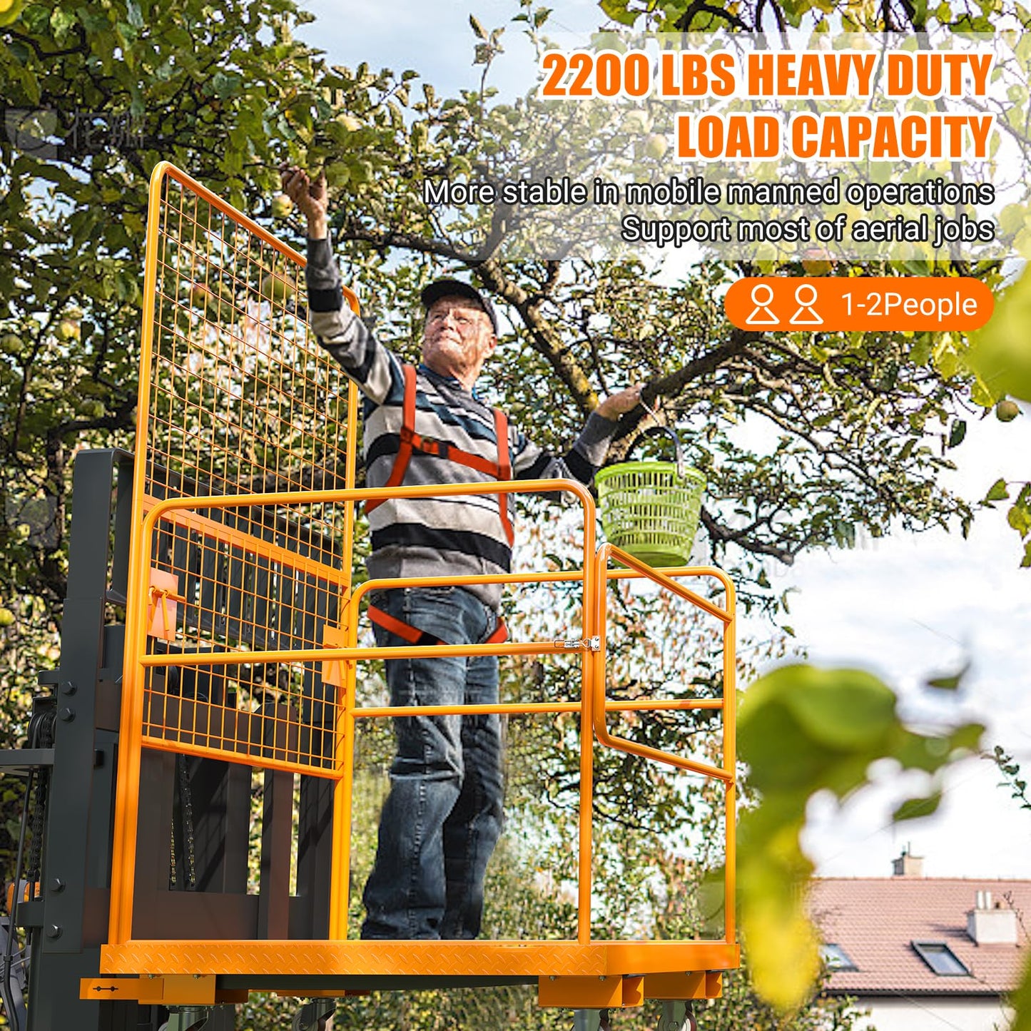 45 in x 43 in Forklift Safety Cage, GarveeTech Max. 2200 LBS Heavy Duty Steel Forklift Man Basket, Foldable Forklift Work Platform with Guardrails, Safety Harness, Wheels, Perfect for Aerial Work