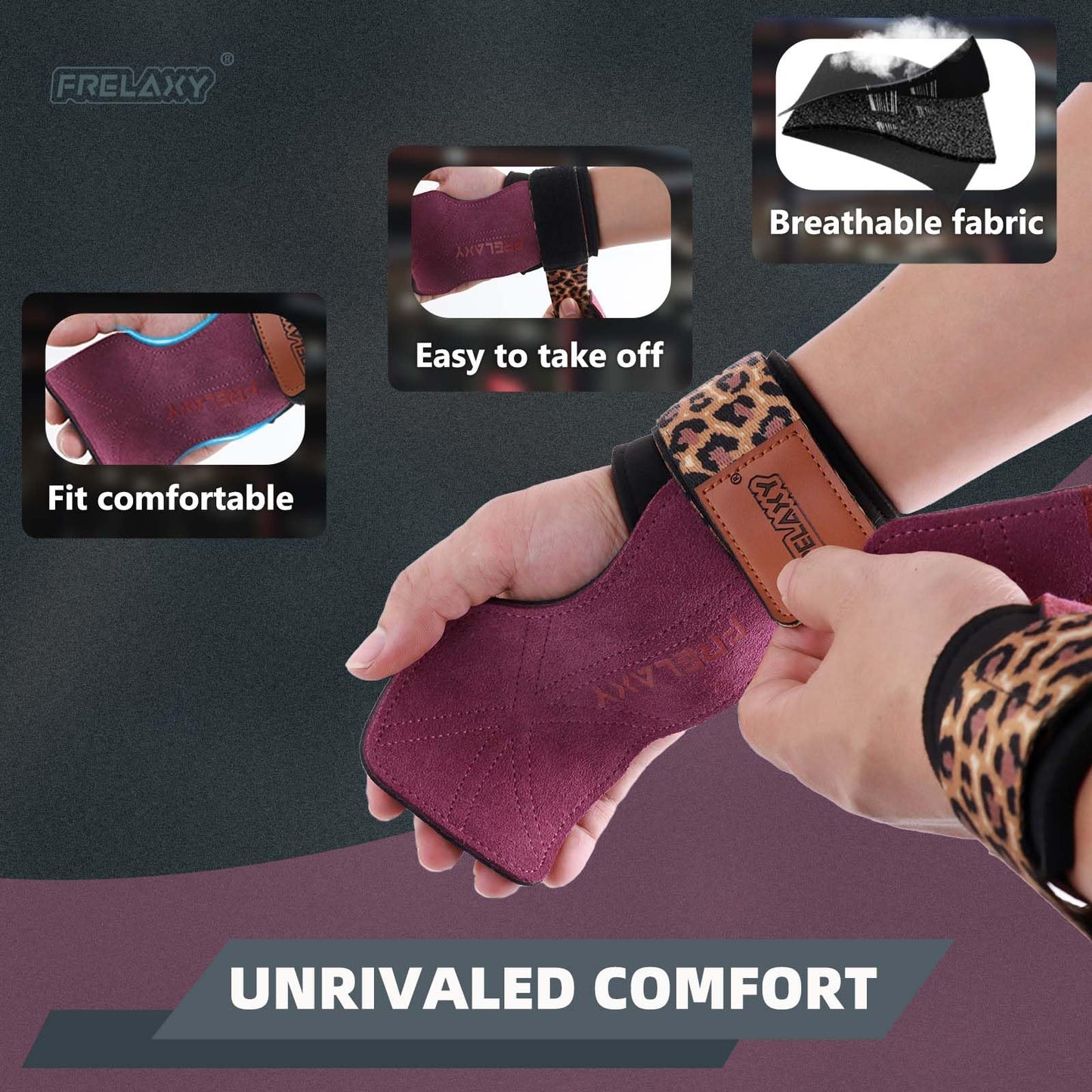 Frelaxy Lifting Wrist Straps Women and Men, Weight Lifting Grips with Cushion Wrist Loop, Double Layer Leather and Storage Pouch, Gym Workout Straps for Deadlift and Powerlifting (Purple/Leopard)