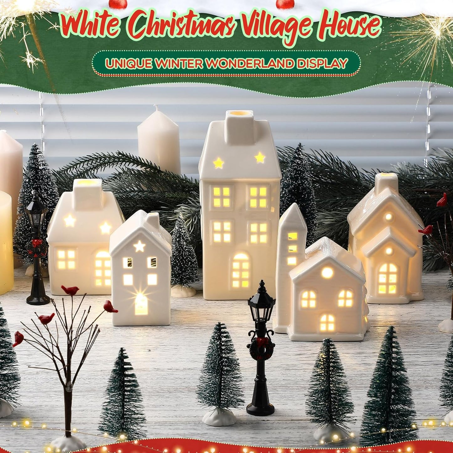 WinnerWhy Christmas Village House Set - 24 Pcs LED Lighted Mini Ceramic Ornaments for Festive Decor