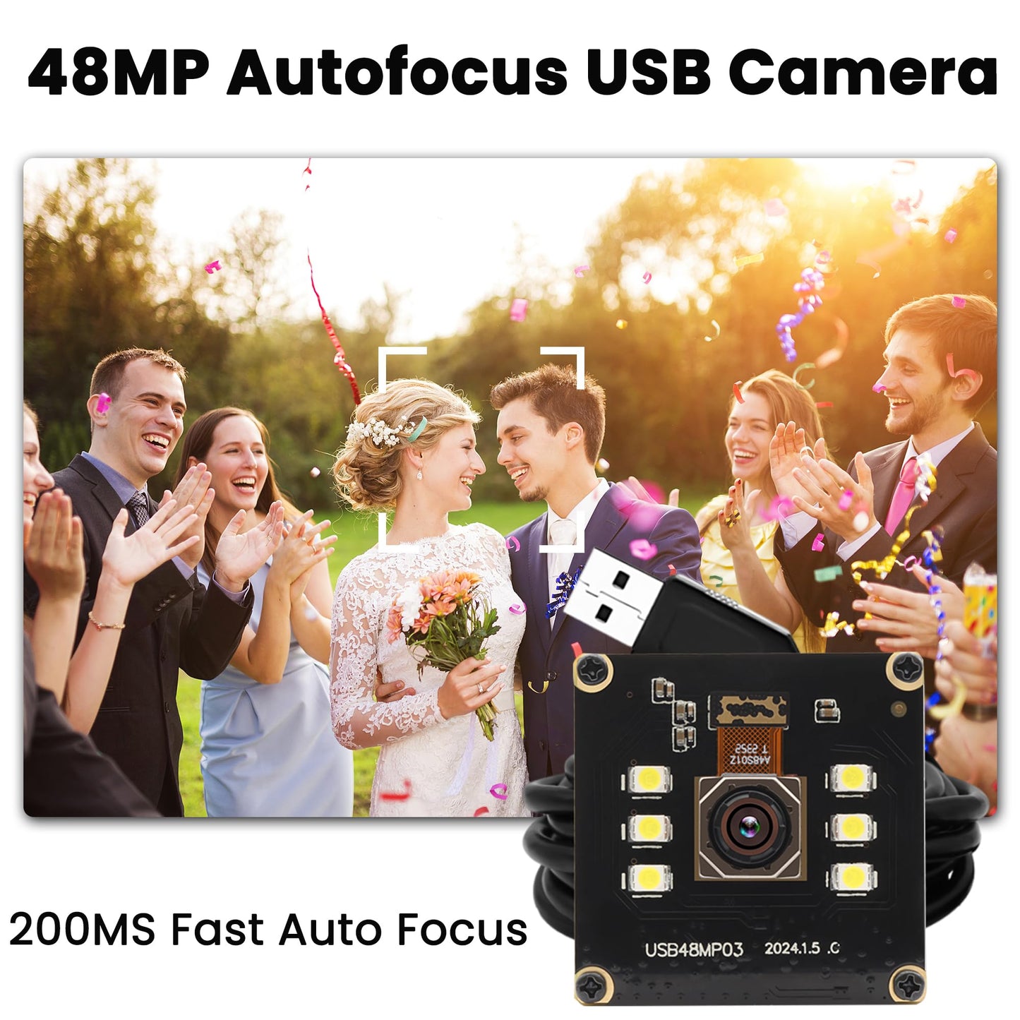 IFWATER 48MP USB Camera 8K Camera Fast Autofocus USB Webcam Module with No Distortion Lens with 6pcs White LEDs PC Computer Cam Plug and Play for Industrial Inspection Document Scanning