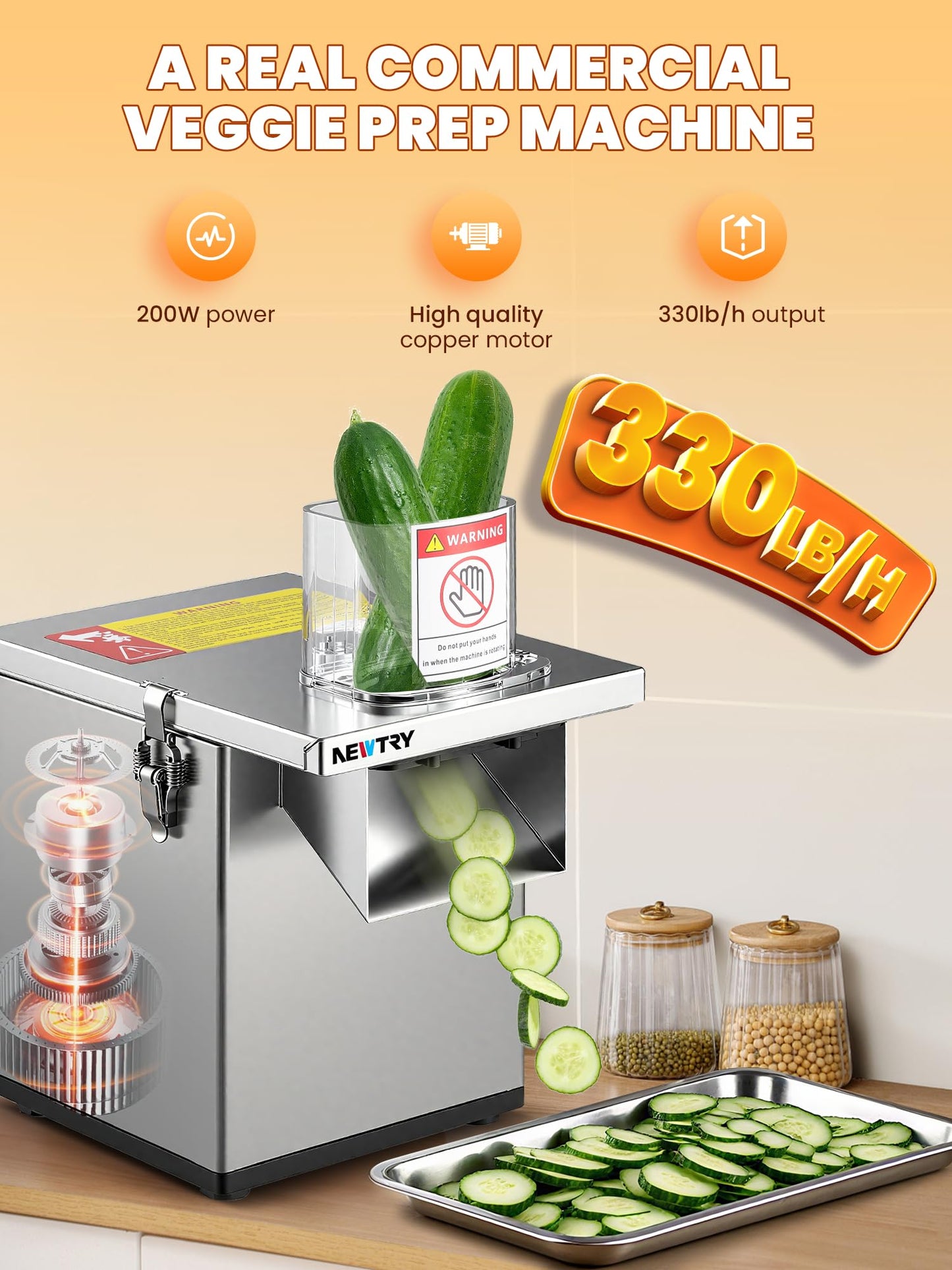 NEWTRY 4 in 1 Commercial Vegetable Processor Electric Veggie Fruit Slicer Dicer Shredder & Strip Crinkle Cutter All Stainless Steel 110volt 200W