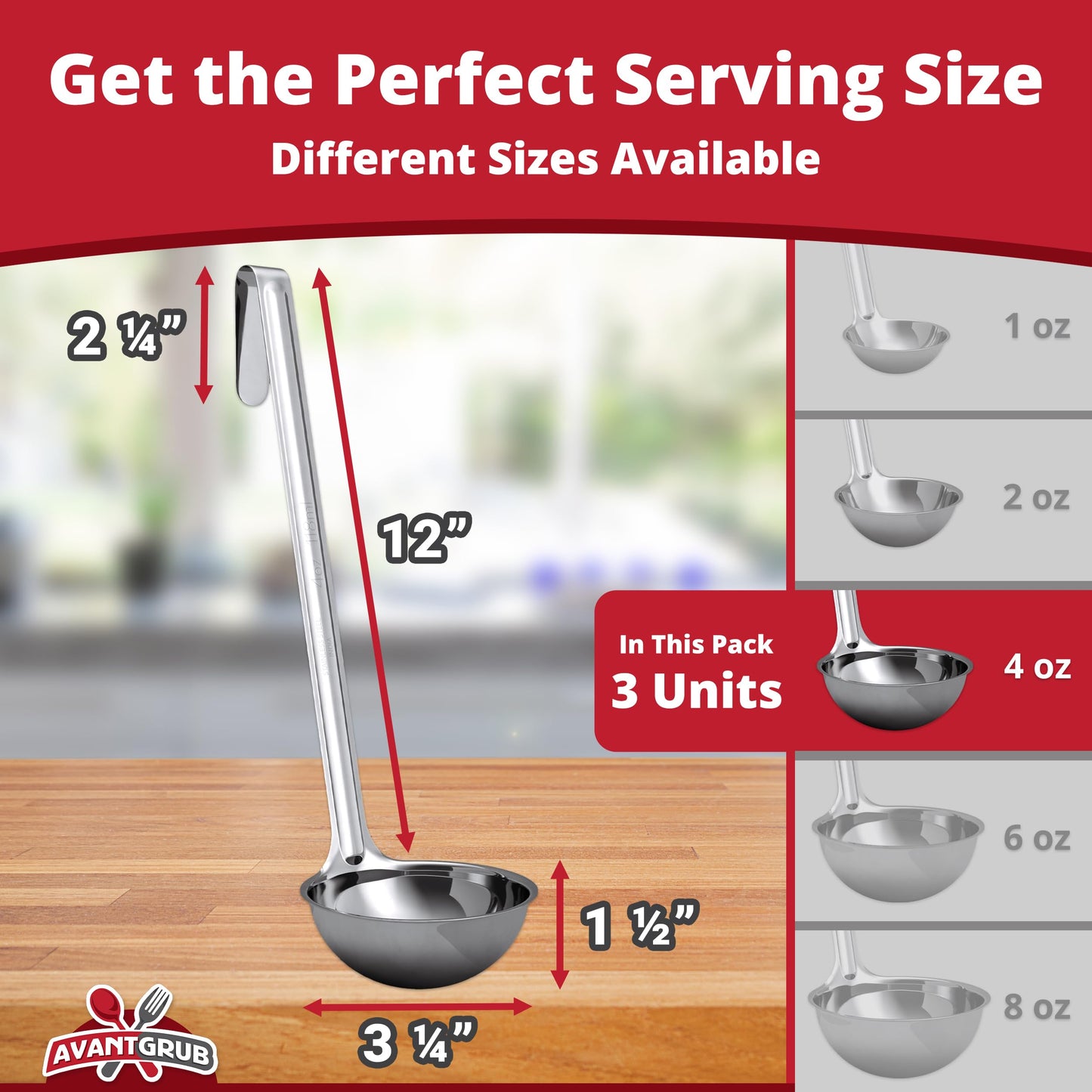 Super Sturdy, Ergonomic 4 Oz. Soup Ladle 3 Pk. Stainless Steel Ladles with Long Handles. Best Kitchen Accessories for Stirring, Portioning and Serving Soups, Chili and Stew in Restaurants and at Home