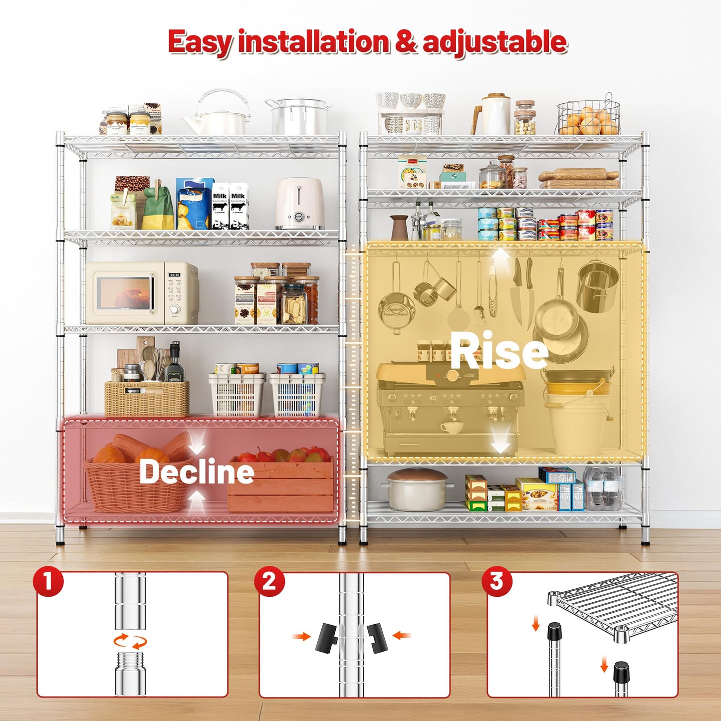 REIBII 73''H Storage Shelves 1660LBS Wire Shelving Unit with Wheels 5 Tier Metal Shelving,Heavy Duty Metal Shelves for Storage Rack,Commercial Industrial for Garage Kitchen 73''HX35''WX15''D,Chrome