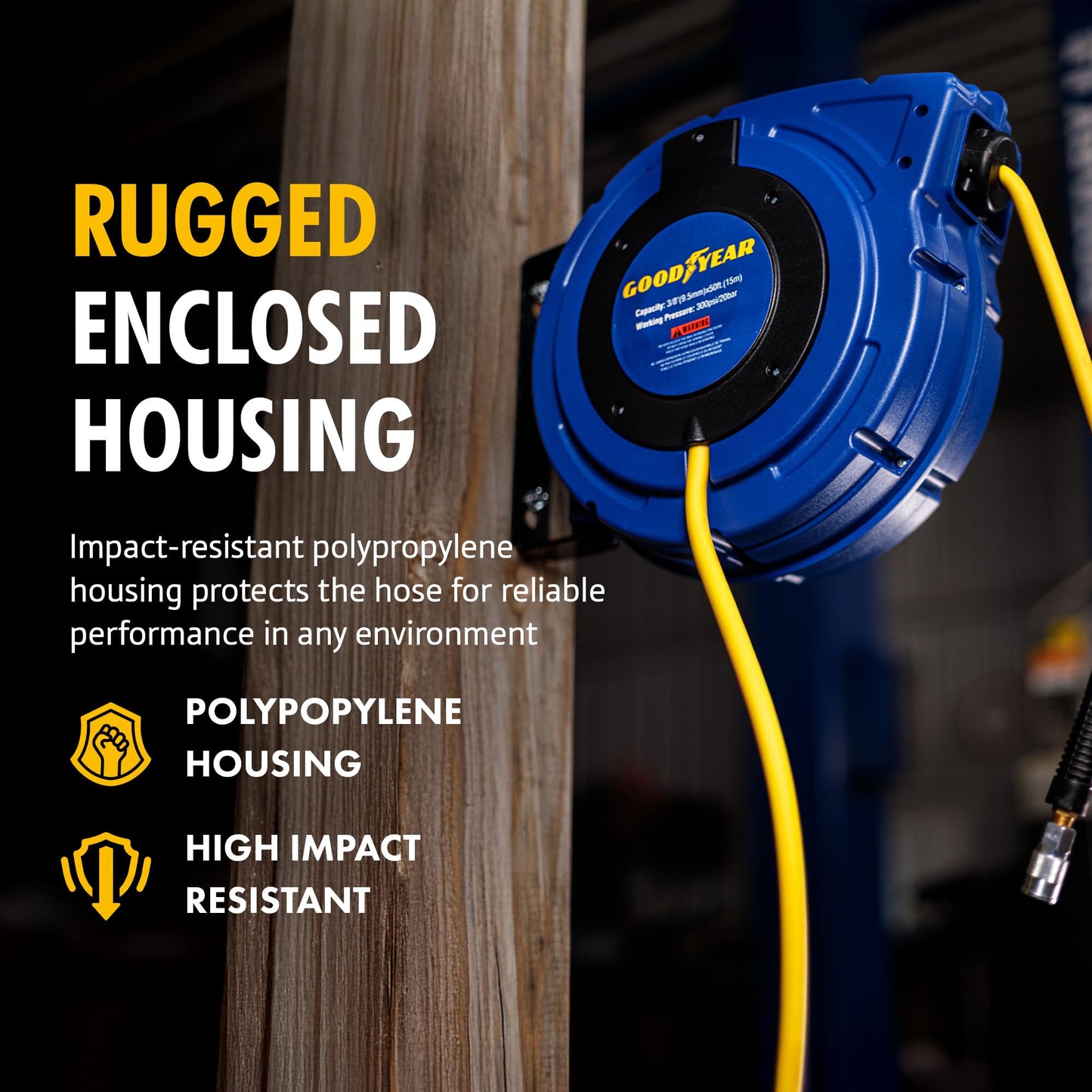 Goodyear Air Hose Reel Retractable 3/8" Inch x 50' Foot Hybrid Polymer Hose Max 300PSI Commerical Polypropylene Construction