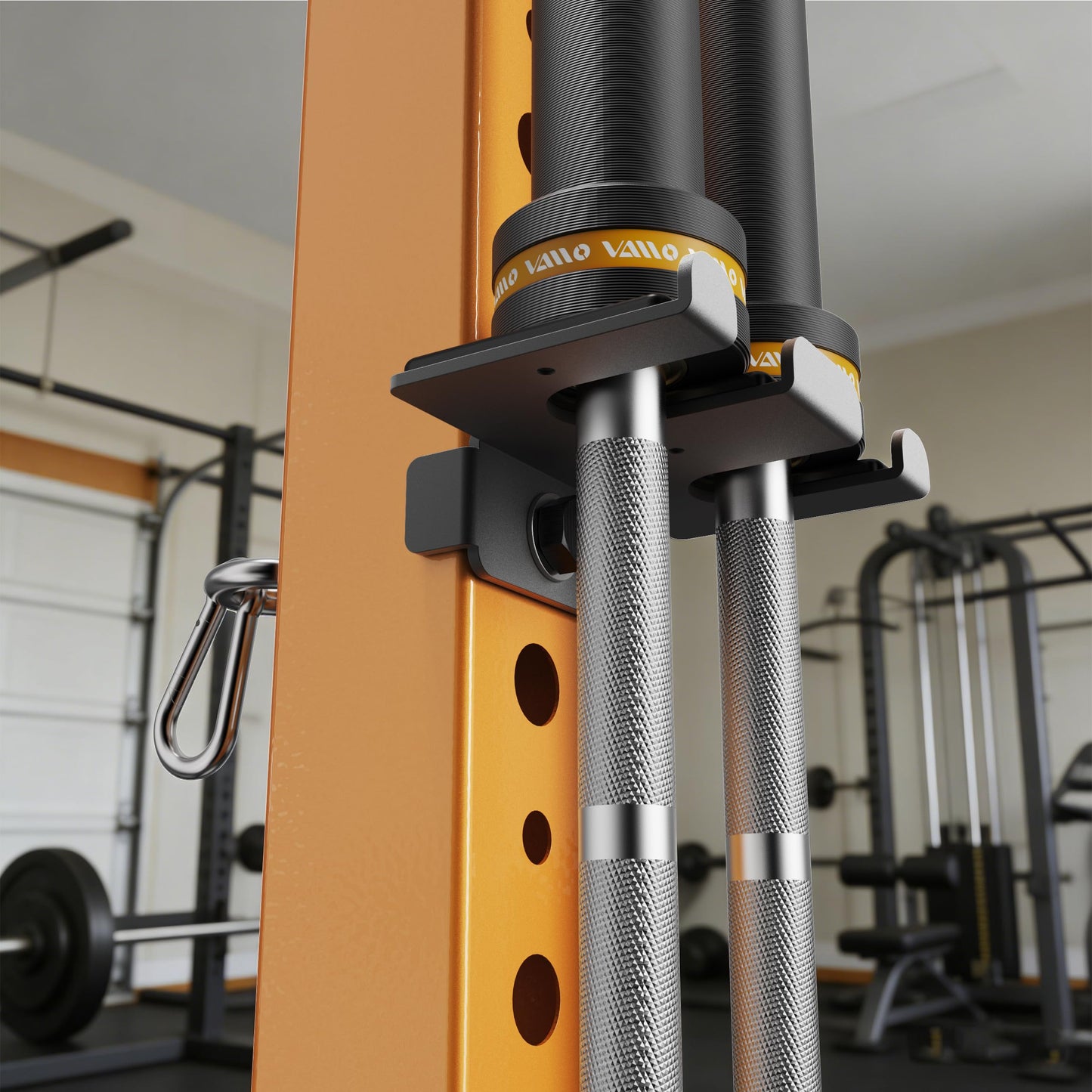 VAIIO 2-in-1 Double Olympic Barbell Holder and Resistance Band Anchor for 2x2 Power Racks, Fits 5/8"-1" Holes, Heavy Duty Steel Bar Storage Hanger with Protective Padding