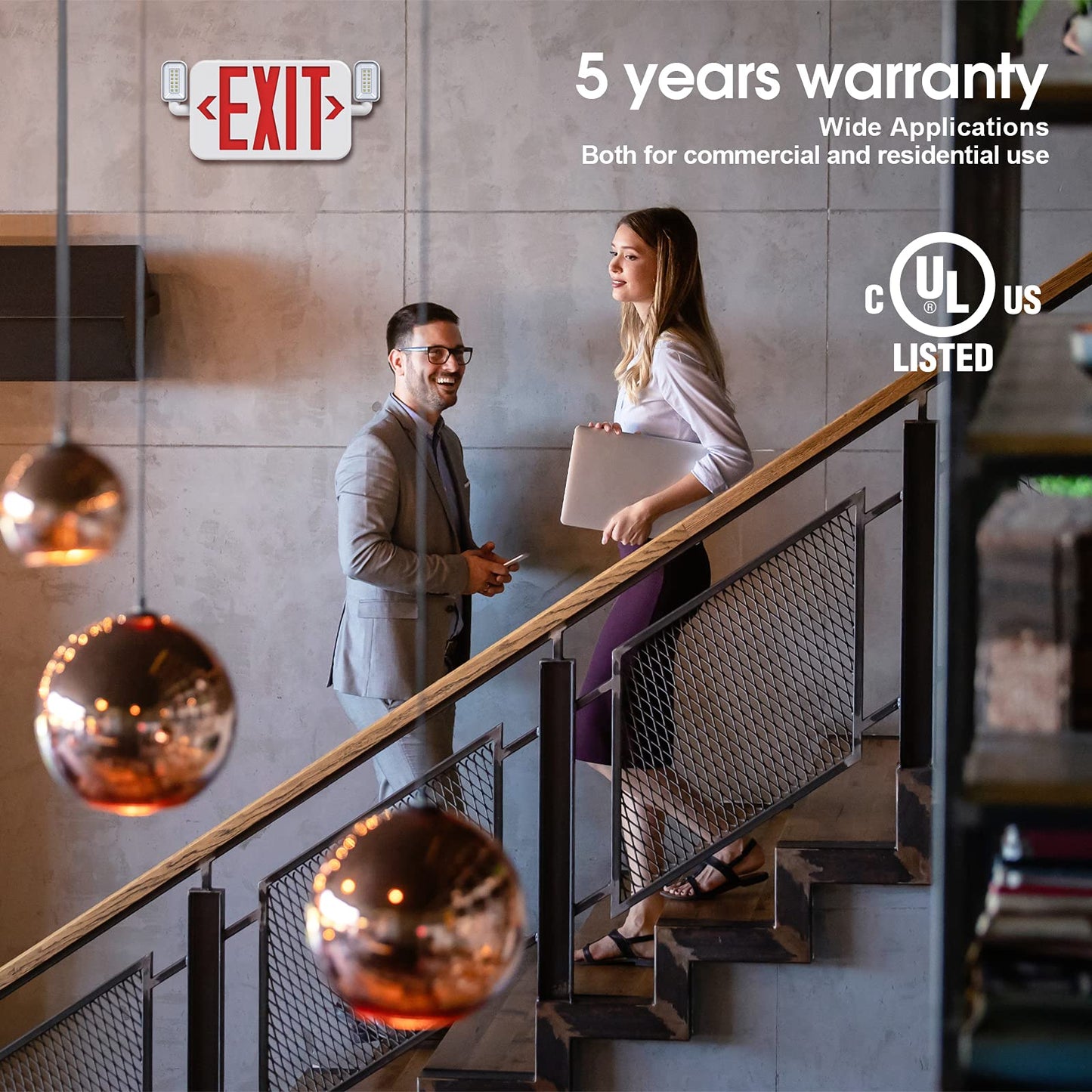 SITISFI Led Combo Emergency Exit Sign Light with Two Adjustable Head Lights and Backup Battery Exit Light,US Standard Red Letter Commercial Emergency Exit Lighting,UL 924,AC120/277V (2Pack)