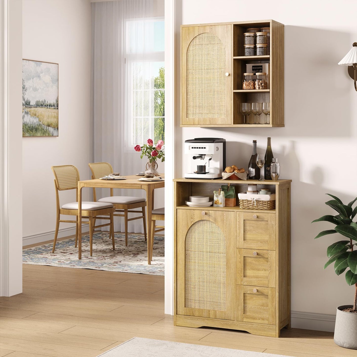 Rattan Bathroom Wall Cabinet with Door, Boho Medicine Wall Cabinets with Adjustable Shelves, Tall Kitchen Wall Mounted Storage Cabinet, Floating Hanging Cabinet Space Saver for Laundry Room, Natural