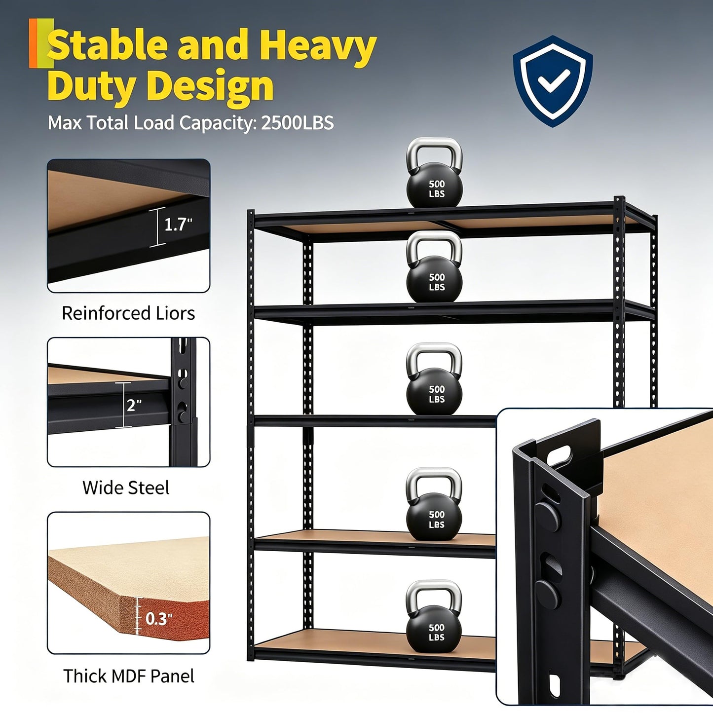 EliteEdge 5-Tier Garage Storage Shelves for Kitchen Pantry Basement Bathroom Laundry Heavy Duty Metal Adjustable Shelving Unit Storage Shelving, 2500 LBS Capacity, 48" l x 24" w x 72" h