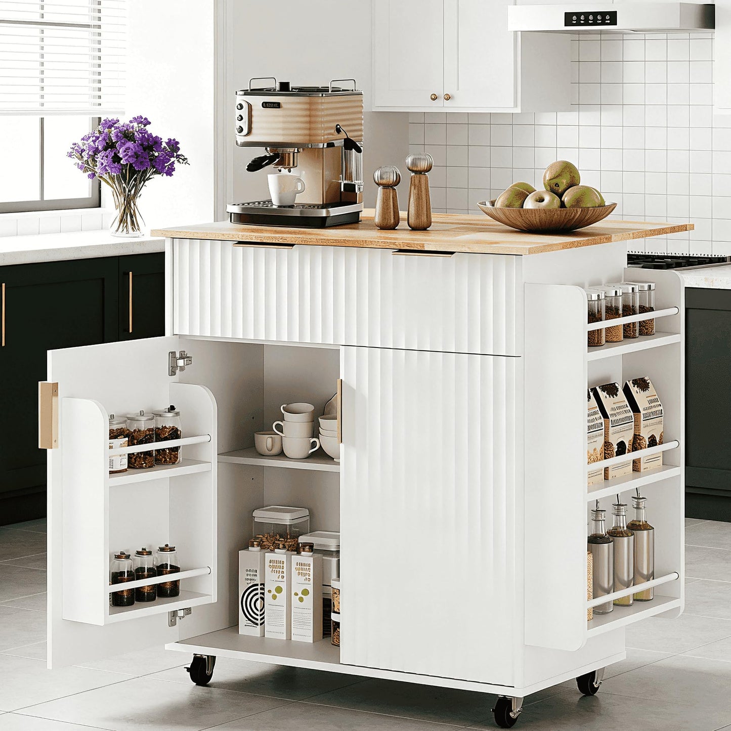 VINGLI Kitchen Island Cart with Storage, Rolling Kitchen Cart on Wheels with Foldable Drop Leaf, 15.35 x 31.15 x 34.45 Inches, Rubber Wood Top, Drawer and Door Cabinet, White