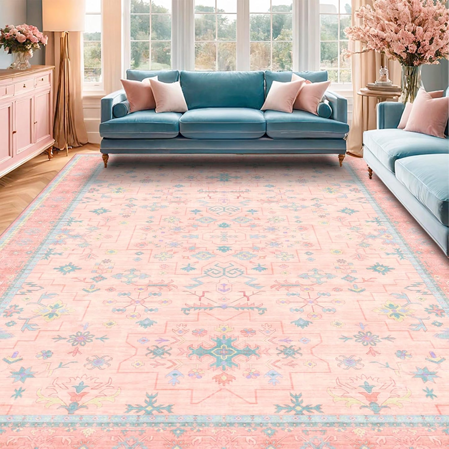 Oushak Rugs | Washable Pink and Blue 6x9 Area Rug - Soft Faux Wool, Modern Floral Design for Kids' Rooms