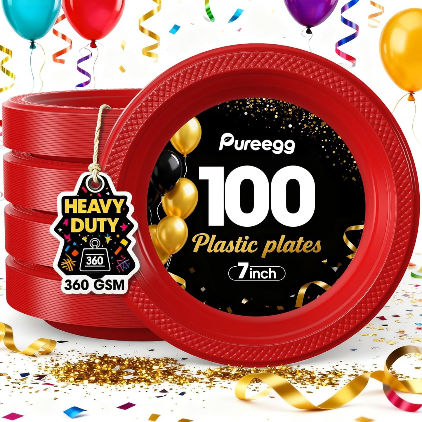 Pureegg 7-Inch Red Plastic Dessert Plates - 100-Count, BPA-Free Disposable Party Plates for BBQ & Picnics