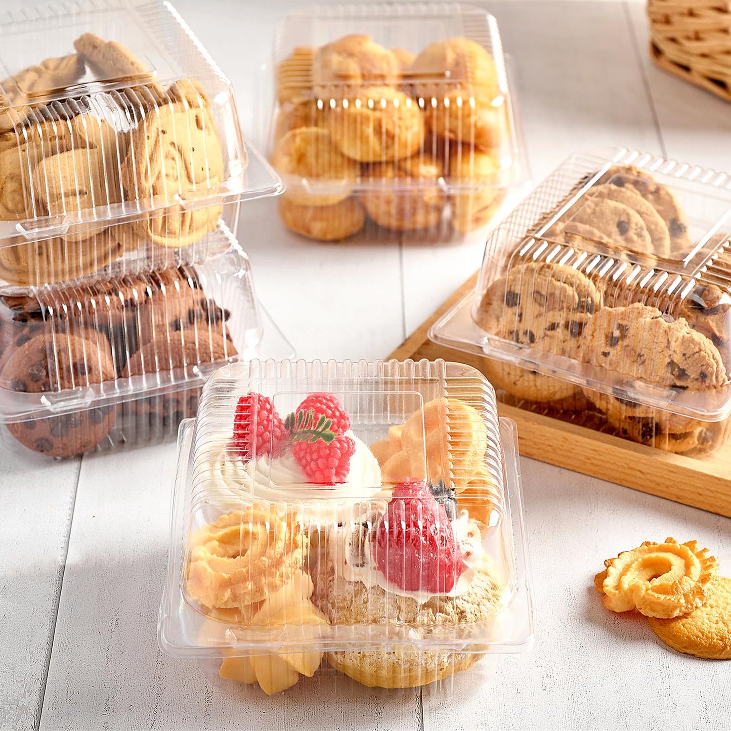 TOFLEN 100 Pack Plastic Clamshell Food Containers, Clear Square Cake Slice Containers with Hinged Lids, Disposable To Go Boxes for Mini Cake, Salad, Sandwich, Dessert, Cookie