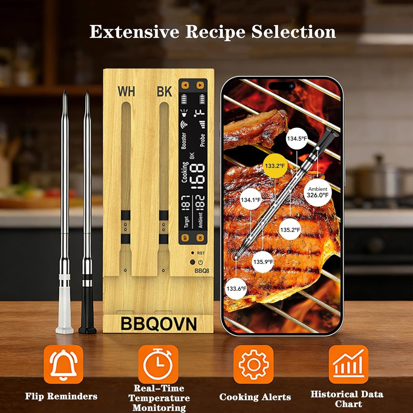 BBQOVN Wireless Meat Thermometer - Unlimited Range with 7 NIST Certified Sensors | Dual Probe Smart App for BBQ, Grill & Oven