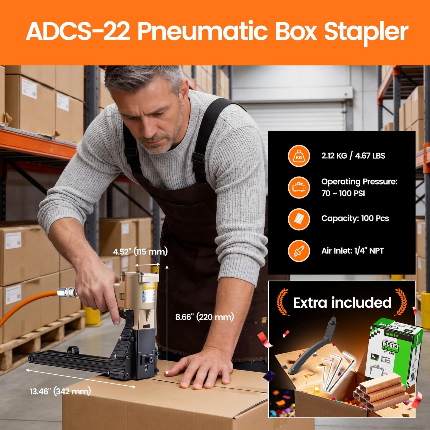 meite ADCS-22 Box Stapler 16 Gauge Carton Closing Stapler Heavy Duty Pneumatic Cardboard Staple Gun for Corrugated Case Packaging, Accepts 1-3/8" Crown 3/4"-7/8" Leg Carton Staples